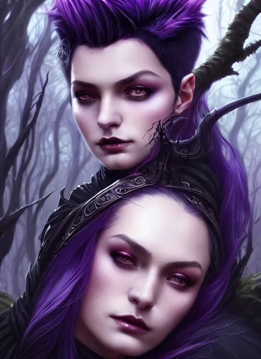 Prompt: frontal portrait dark witch, adventurer outfit large cloak, fantasy forest landscape, dragon scales, fantasy magic, undercut hairstyle, witch purple black fade hair, dark light night, intricate, elegant, sharp focus, illustration, highly detailed, digital painting, concept art, matte, art by wlop and artgerm and greg rutkowski and alphonse mucha, masterpiece