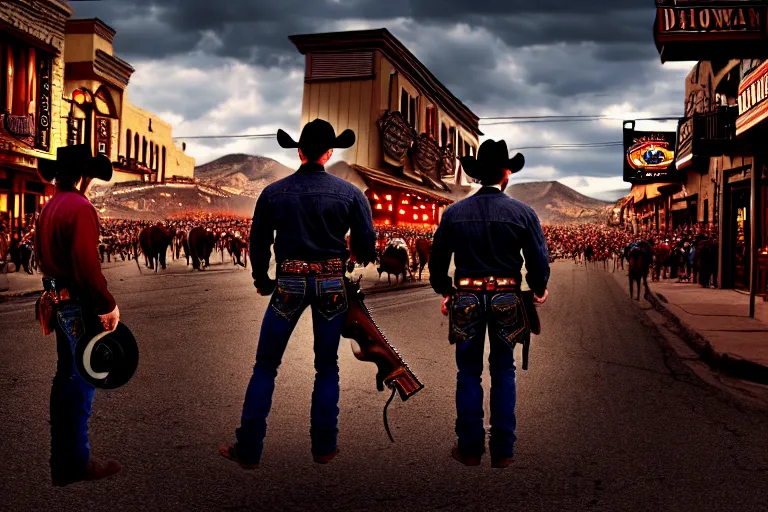 Prompt: an extremely detailed masterpiece photograph of two cowboy gunslinger facing off from a low angle in the crowed streets of durango, digital art, epic scene, cinematic lighting, tensive mood, silverado, 8 k