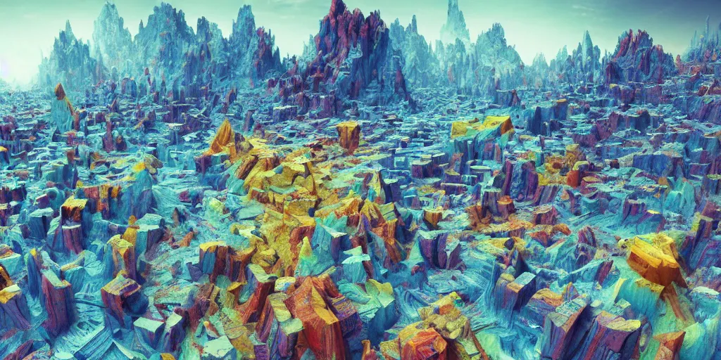 Prompt: crazy vibrant psychopathic landscape made of minerals and fractals on lsd, octane render, volumetric lighting, award - winning, perfection, ambitious, featured on artstation, by greg rutkowski, ambient occlusion, hyper - realism, 4 k hd, qled,