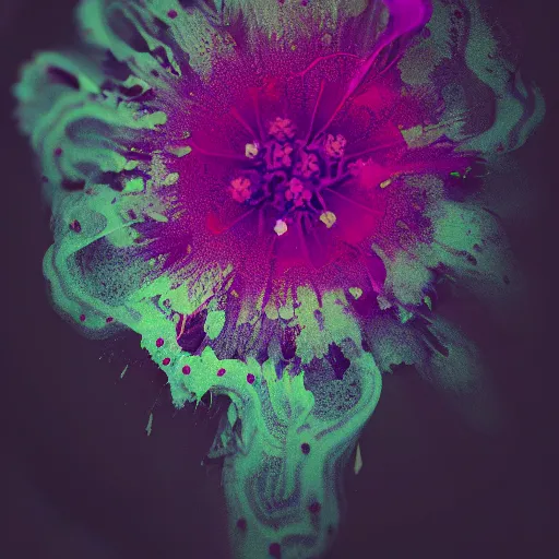 Prompt: a small singular beautiful flower blooming, liquified, glitch art, decayed, 3 d object, digital art, dark atmosphere, fantasy, trending on behance, by alberto seveso, by david mcleod, octane render, unreal engine