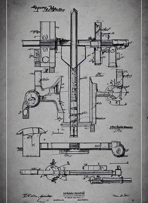 Image similar to battletech mech with axe for a hand cross - section blueprints by thomas hubert. in the style of a 1 9 0 3 patent design diagram