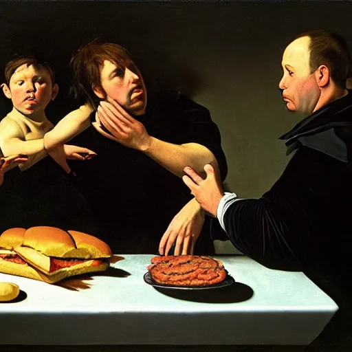 Prompt: Alex Jones desperately reaching for a hamburger, oil painting by Caravaggio