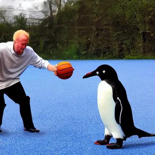 Image similar to Borris Johnson playing basketball with a penguin, hyperdetailed, 4k, best photo