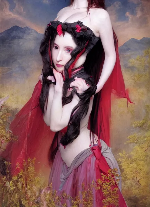 Image similar to Amouranth as an evil princess by Frederick Edwin Church, rule of thirds, seductive look, beautiful, in intergalactic Japan