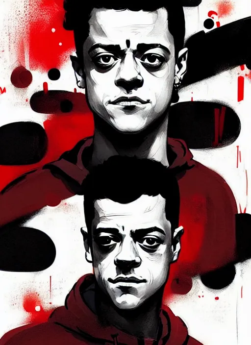 Image similar to highly detailed closeup portrait of rami malek, elliot alderson, black hoody by atey ghailan, by greg rutkowski, by greg tocchini, by james gilleard, by joe fenton, by kaethe butcher, gradient red, black and white color scheme, grunge aesthetic!!! ( ( graffiti tag wall background ) )