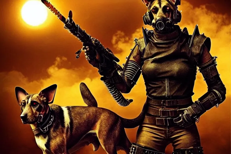 Image similar to a hound dog fursona ( from the furry fandom ), heavily armed and armored facing down armageddon in a dark and gritty version from the makers of mad max : fury road. witness me.