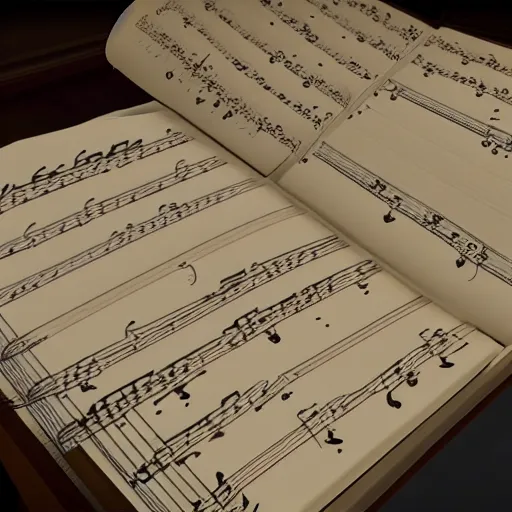 Image similar to of beethoven trying to compose at the piano but unable to hear and crying with frustration with pages of hand written score all around unreal engine 5 3 d photorealistic scene cinematic lighting