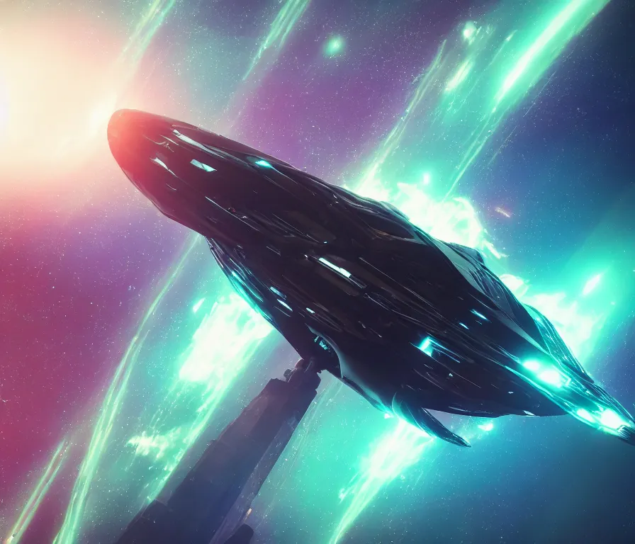 Prompt: A super futuristic spaceship cruising through the galaxy . Colourful lighting. 8k. Cinematic