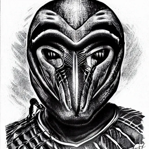 Image similar to hedcut portrait of yatuja wearing mask from the movie predator