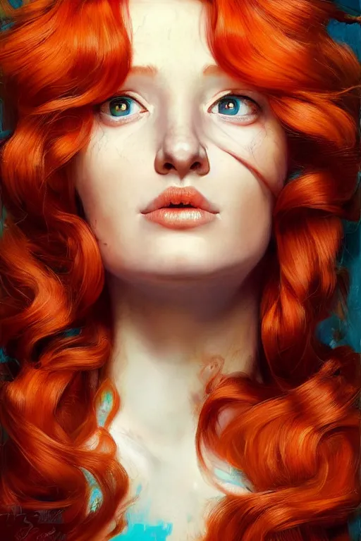 Image similar to hyper realistic painting portrait of a redhead girl with flowing curls and closed eyes, orange subject and turquoise background, hyper detailed face by stjepan sejic, by norman rockwell, by michael hussar, by roberto ferri, by ruan jia, textured turquoise background