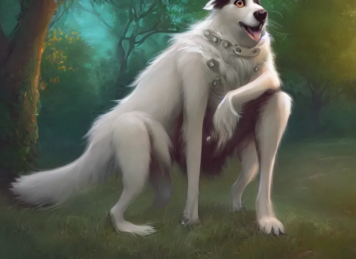 Image similar to wide angle beautiful full body portrait of a cute male anthropomorphic anthro border collie fursona in a park, character design by charlie bowater, henry asencio, and ross tran, disney, scenic background, detailed, glamor pose, aesthetic, trending on artstation, furaffinity, deviantart