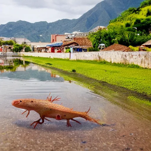Image similar to axolotl swimming in a river with a quaint mexican village in the background