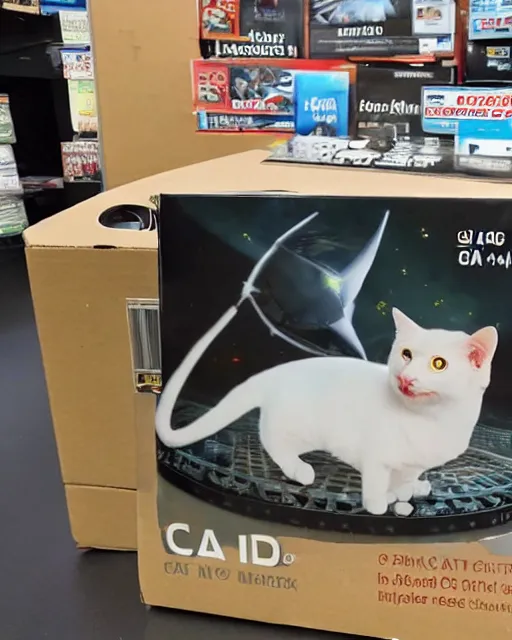 Image similar to Photo of a GPU box sitting on a store shelf in microcenter with a silly artwork of a cat flying a UFO printed on the box