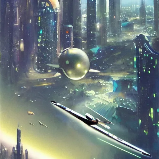 Image similar to gorgeous sci fi imagery | landing spot | space and city flying craft | futuristic | beautiful couple in the foreground heading to their hovering transport | futurism | modern couple | futuristic cityscape in the background | low angle close up | by john berkey, greg rutkowski, james gurney