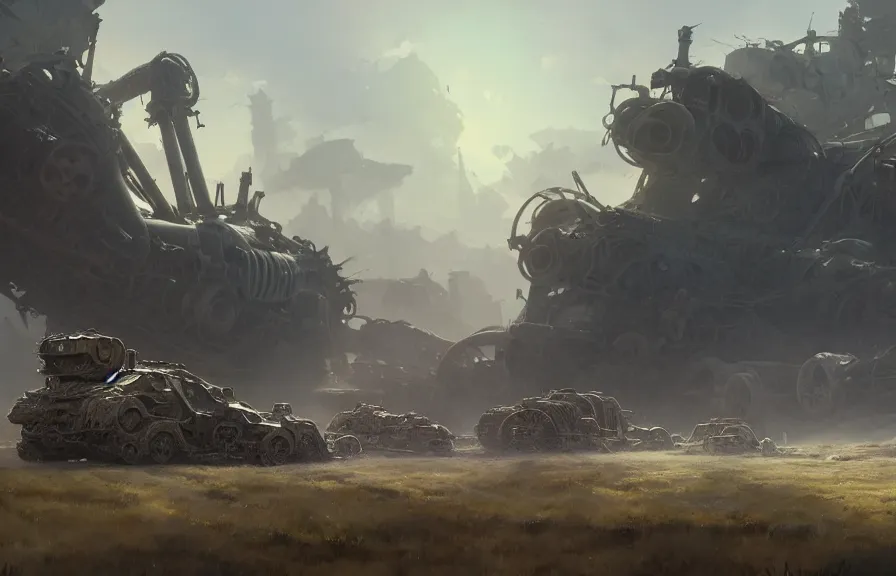 Image similar to concept art of a dusty field with twisted wreckage of dieselpunk orcish tanks and smoking craters in the background, key visual, ambient lighting, highly detailed, digital painting, artstation, concept art, sharp focus, by makoto shinkai and akihiko yoshida and hidari and wlop