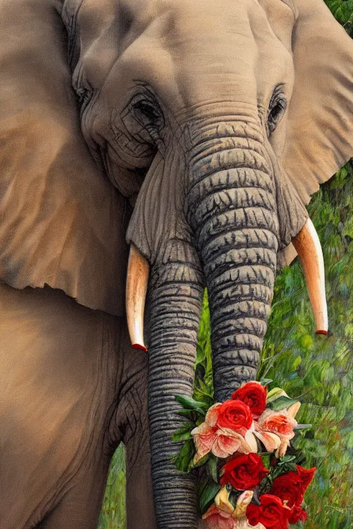 Image similar to elephant holding flowers in its trunk, oil on canvas, intricate, portrait, 8 k highly professionally detailed, hdr, cgsociety