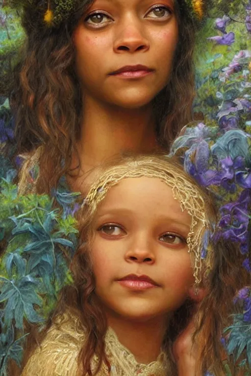 Image similar to Zoe Saldana, looking at the viewer, in the style of Lilia Alvarado, Sophie Anderson, Mark Arian, Bob Byerley, Charlie Bowater, Mark Brooks, Steve Henderson, Justin Gerard, Arthur Hughes, Edward Robert Hughes, Mark Keathley, Victor Nizovtsev, Carlos Shwabe, Ross Tran, WLOP