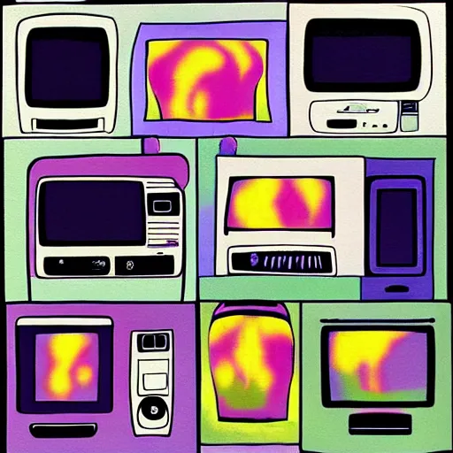 Image similar to array of crt televisions made out of fur, tv static, blob, antenna, stacked, polaroid, steroids, adult video store, impressionist painting, painting, acrylic painting, cell shaded