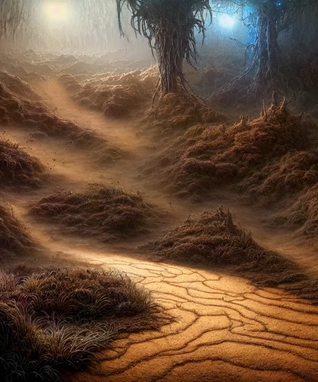 Image similar to hyperrealistic mixed media painting of a dirt trail across a fantasy landscape, stunning 3d render inspired art by P. Craig Russell and Barry Windsor-Smith + dim volumetric lighting, dizzy, full body, 8k octane beautifully detailed render, post-processing, extremely hyperdetailed, intricate, epic composition, grim yet sparkling atmosphere, cinematic lighting + masterpiece, trending on artstation, very very detailed, masterpiece, stunning