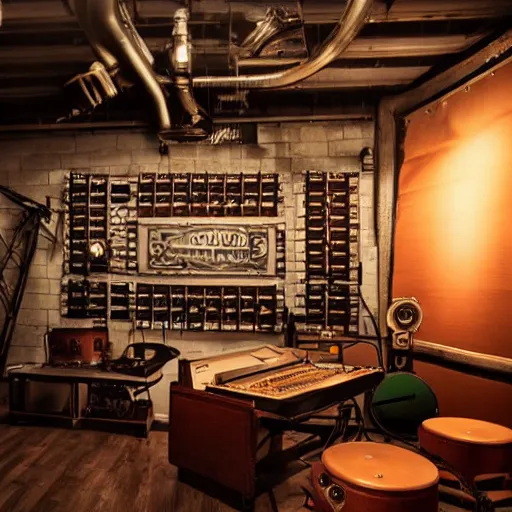 Prompt: a steampunk record studio, cinematic light,