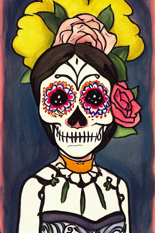 Prompt: Illustration of a sugar skull day of the dead girl, art by edward hopper