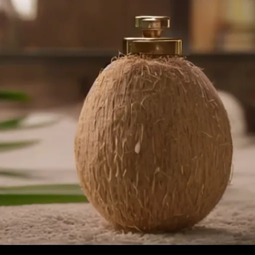 Image similar to anthropomorphic coconut in perfume bottle commercial