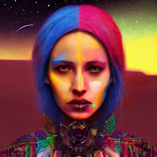 Image similar to colorful character portrait of a woman in the desert at night among the stars, set in the future 2 1 5 0, highly detailed face, very intricate, symmetrical, cinematic lighting, award - winning, painted by mandy jurgens, pan futurism, dystopian, bold colors, dark vibes, cyberpunk, groovy vibe, anime aesthetic, featured on artstation