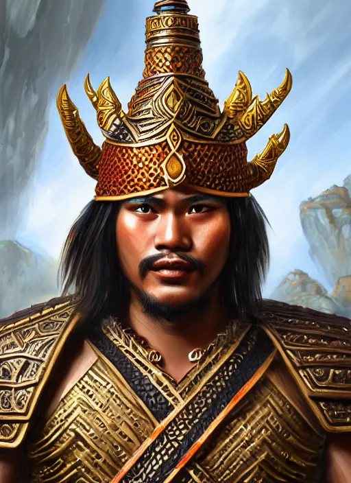 Prompt: smart tai warlord, closeup portrait, historical hero, ethnic group, sukhothai costume, thai bronze headdress, intricate, with leather armor cross on bare chest, elegant, loin cloth, highly detailed, oil painting, artstation, concept art, matte, sharp focus, illustration, hearthstone, art by earl norem