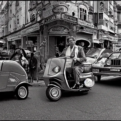 Prompt: a photo by ted nasmith and hans zatzka and quentin tarantino, a y 2 k aesthtic hip scooter messenger driving through a crowded city street