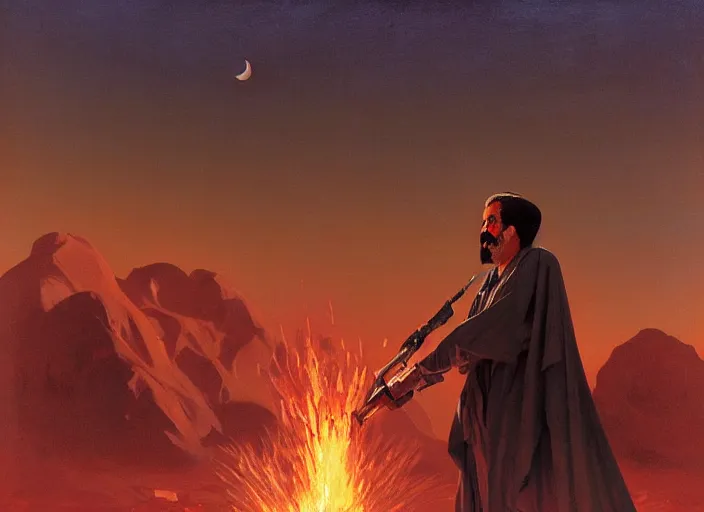 Prompt: portrait of saddam hussein making a blood sacrifice, chilling desert landscape lit by blood moon, painting by sargent and leyendecker, studio ghibli, fantasy, medium shot, asymmetrical, intricate, elegant, matte painting, hearthstone, crimson gradient, by greg rutkowski and greg tocchini and james gilleard and joe fenton and greg manchess