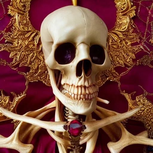 Prompt: photorealistic still portrait photograph of ainz looking at the camera, overlord, regal purple gold robe, large red shoulder rubies, depth of field, soft focus, highly detailed, intricate, realistic, national geographic cover, textured detailed skeleton, professional archeological photograph