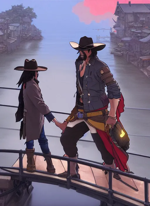 Image similar to mccree kissing hanzo on a bridge in the rain, path traced, highly detailed, high quality, digital painting, by studio ghibli and alphonse mucha, leesha hannigan, makoto shinkai, disney