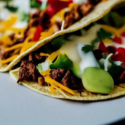 Image similar to close up high resolution photo of a taco, very tasty, lots of cheese, food photography, instagram, trending