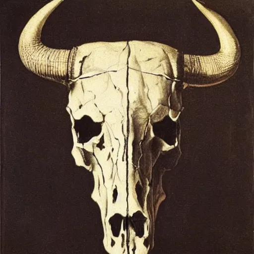 Prompt: symmetrical bull skull at the center, painting by rembrandt c 1 4. 7