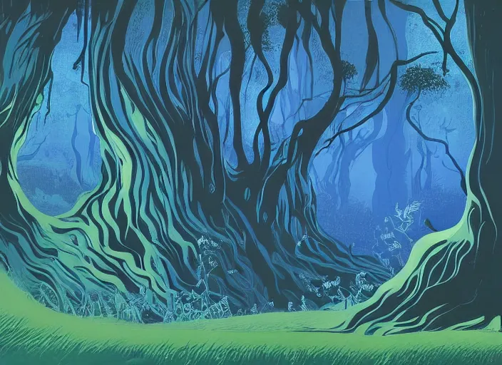 Prompt: an illustration of a monster in a blue and green wispy forest by eyvind earle, concept illustration, detailed