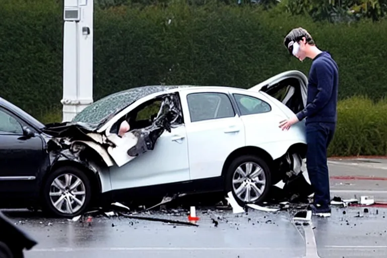 Prompt: mark Zuckerberg car accident crying