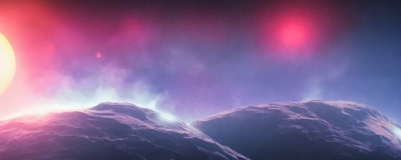 Prompt: vibrant warm minimalist smooth cinematic render of atmospheric deep space, homeworld skies, volumetric lighting