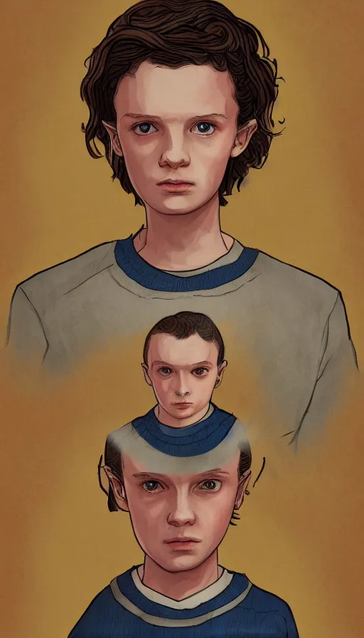 Prompt: Eleven from Stranger Things portrait painted in the style of an ancient royal portrait. Beautiful anime lush forest background. Golden hour. Trending on art station