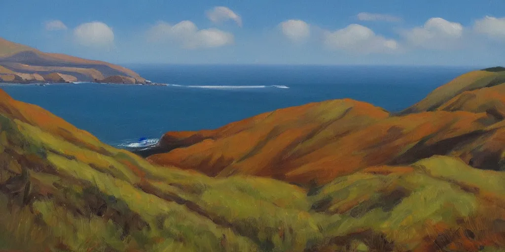 Prompt: marin headlands by olof krans, oil on board