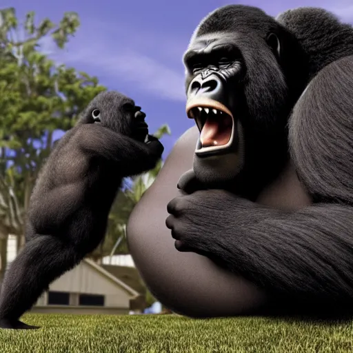 Image similar to big black man with gorilla body eating bananas in the hood, 8k resolution, full HD, cinematic lighting, award winning, anatomically correct