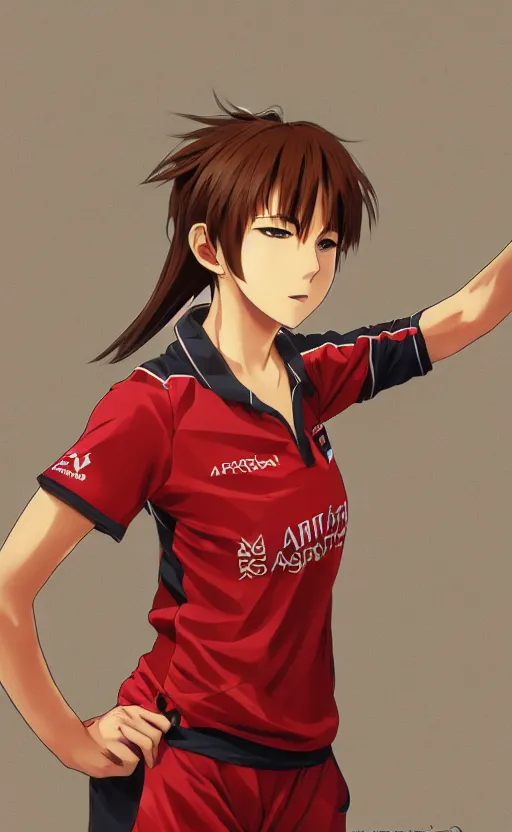 Image similar to anime style, female cricket player, red sport clothing, match point, brown short hair, hair down, symmetrical facial features, from arknights, hyper realistic, rule of thirds, extreme detail, 4 k drawing, safebooru, realistic lighting, by alphonse mucha, greg rutkowski, sharp focus, backlit