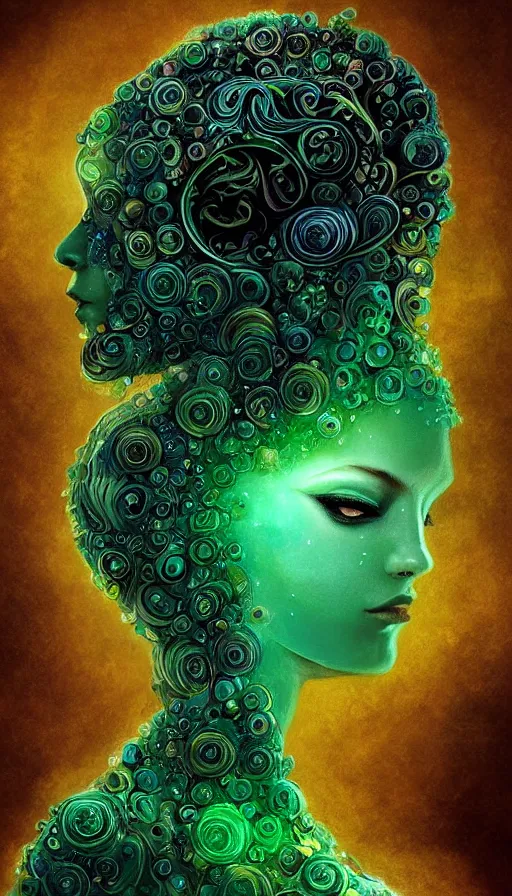 Prompt: portrait of spiritual earth elemental ,intricated, fantasy, gradient green black, dreamy and ethereal, (colour) eyes, one head, golden ratio, peaceful expression, ornate frilly dress, fantasy, intricate, elegant, rainbow bubbles, highly detailed, digital painting, artstation, concept art, smooth,b sharp focus, illustration, art by artgerm and greg rutkowski and alphonse mucha