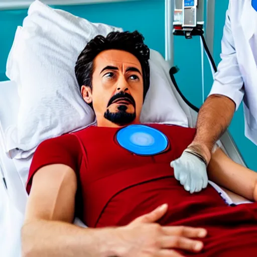 Image similar to iron man lying in a hospital bed getting treatment from doctor house