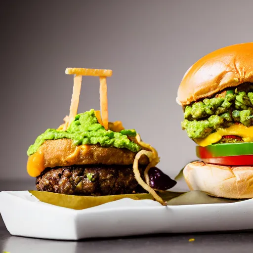 Image similar to juicy vegan hamburger topped with guacamole and crispy fried onion and a fried egg, crispy buns, 8 k resolution, professional food photography, studio lighting, sharp focus, hyper - detailed