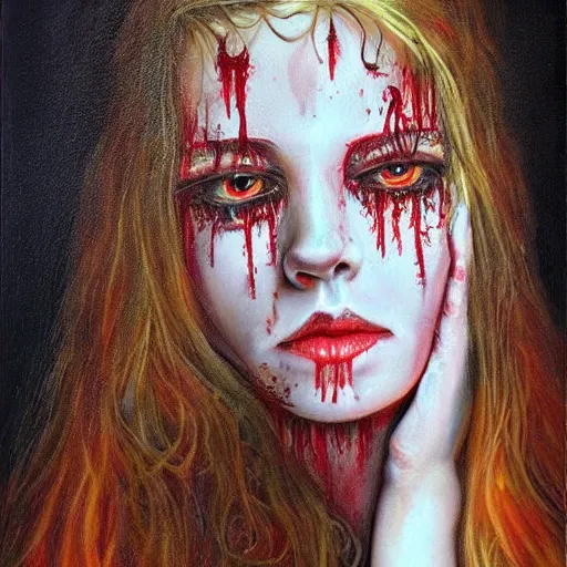 Image similar to a hyperrealistic painting of a beautiful gothic princess crying tears of blood, by Mark Lovett, vivid color, highly detailed,