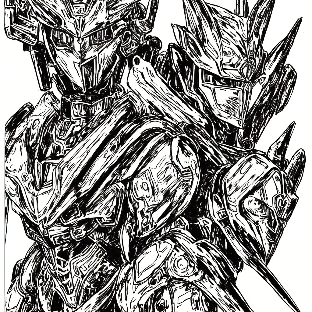 Image similar to prompt: human Fragile looking character portrait face, Human inside modernistic looking armor with wild hairstyle, inspired by Evangeleon and Gundam anime, clean ink detailed line drawing, intricate detail, high detail, manga 1980, poster composition