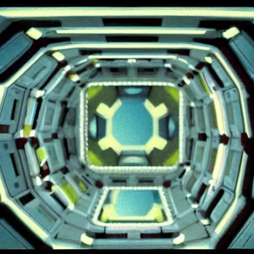 Image similar to A Wes Anderson style interior of a space ship from 2001: A Space Odyssey