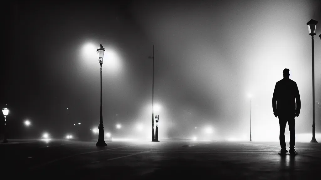 Prompt: a man is standing on the street under the lights, fog, volumetric lighting, mystique, atmospheric, sharp focus, ultra detailed, noir art house, 4 k, cinematic, 3 5 mm