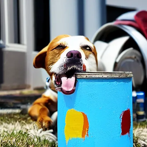 Prompt: a dog plays accordion sitting on the rim of a giant can of paint, its toes dipped into the paint