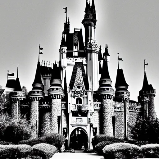 Prompt: the Disney castle in a nightmare, black and white